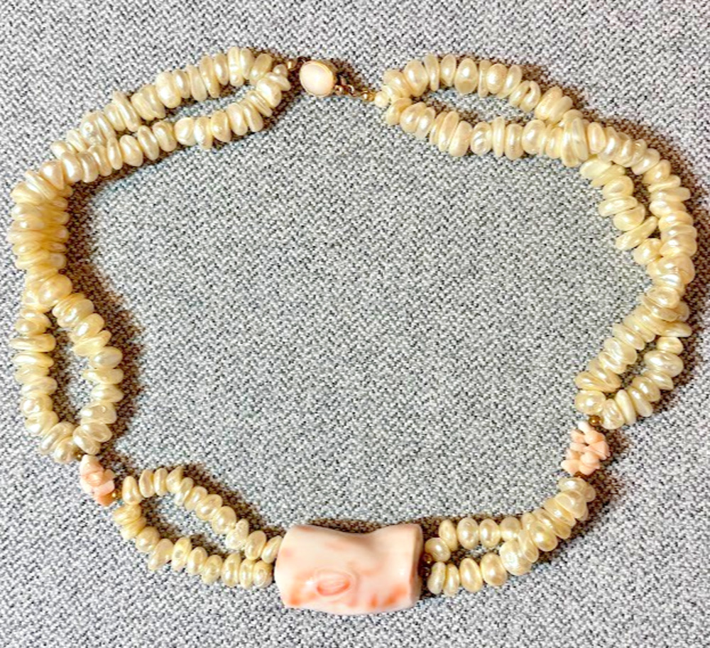 Angel Skin Coral Pendant Baroque Pearl Double Strand Necklace 14k Gold Filled